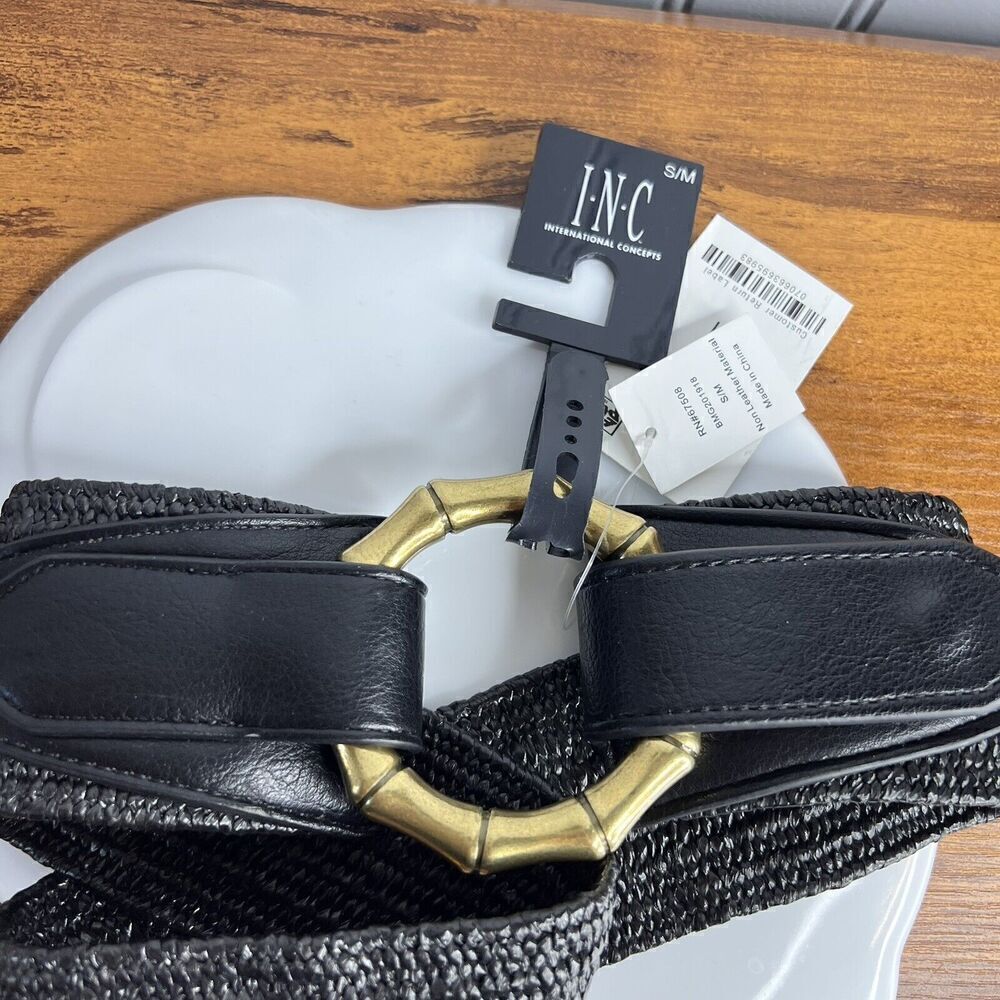 INC Sz S-M Stretch Black Woven Womens Belt Gold Tone Bambo Buckle Boho NICE - Picture 3 of 8